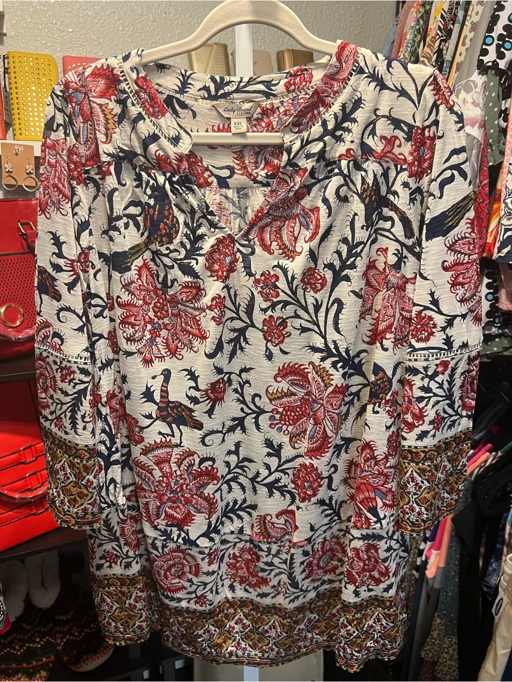 Lucky Brand Cream Tunic with Red & Navy Floral Print